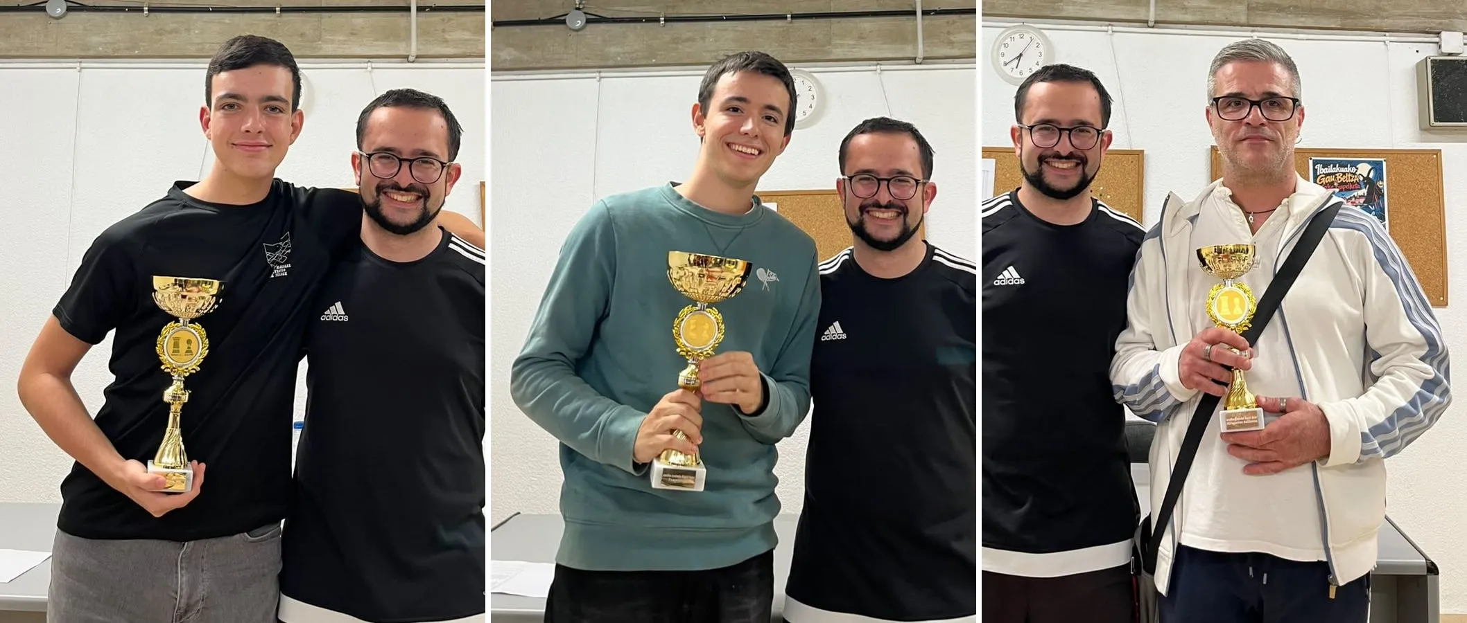 Los tres primeros clasificados del Campeonato de Álava de Rápidas Individual 2026-2027, cada uno con su trofeo; en el centro el campeón, a la izquierda el segundo clasificado y a la derecha el tercero